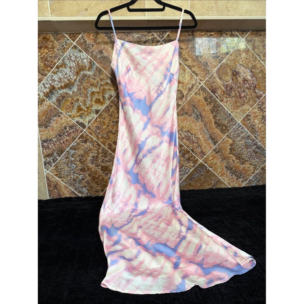 SNDYS Pastel Tie Dye Slip Maxi Dress Pink Blue Satin Feel Small